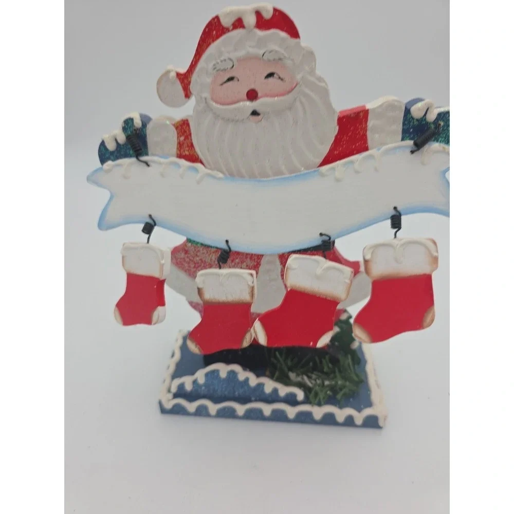 PERSONALIZE WOODEN SANTA WITH BANNER & 4 HANGING STOCKINGS 9 1/2
